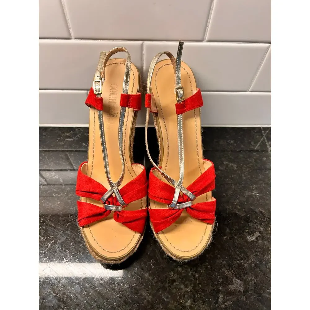 Colin Stuart Suede Espadrille Heel Wedges Sandals Bohemian Tomato‎ Beige SZ 7.5B